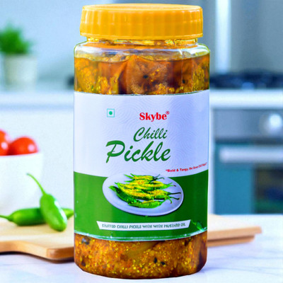 SKYBE Tangy Spicy Green Chilli Pickle | Authentic Homemade Desi Indian Flavor Green Chilli Pickle(500 g)