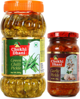 Chokhi Dhani Green Chili Pickle 500 gm, Garlic Pickle 200 gm, Spicy & Tasty Mixed Vegetable Pickle(2 x 0.35 kg)