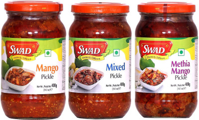 SWAD Combo Pack of Delicious Methia Mango Pickle, Mixed Pickle and Mango Pickle | 400g Each | Pack of 3 Mango, Mixed, Raw Mango(Kairi) Pickle(3 x 0.4 kg)