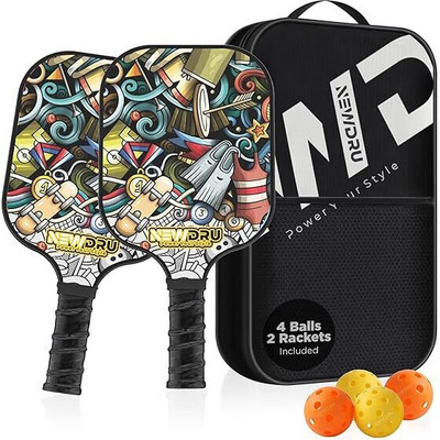 NEWDRU Pickleball Paddle Set 2 Rackets & 4 Ball-Fiberglass Surface for Power & Control Pickleball Paddle