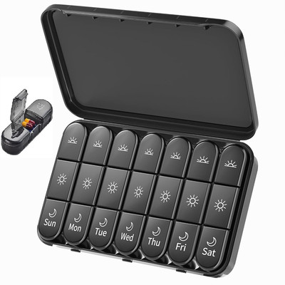 QOZWEID 7- DAY Day Medicine Box 3 Times a Day Weekly Pill Organizer for Travel Pill Box(Black)