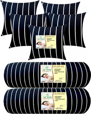 ACTOS 5 Cushion And 2 Microfibre Stripes Bolster Pack of 7(Black7)