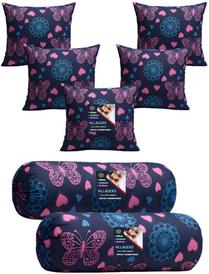 VILLAGERS Microfibre Bolster Pack of 7 Geometric Cushion & 2 Bolster Set - Butterfly Print(Dark Blue)