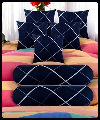 JAYOG ENTERPRISE 5 Cushion 2 Bolster Microfibre Stripes Bolster Pack of 7(Navy Blue)
