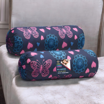 VILLAGERS Microfibre Bolster Pack of 2 Geometric Butterfly & Heart Print Design(Dark Blue)