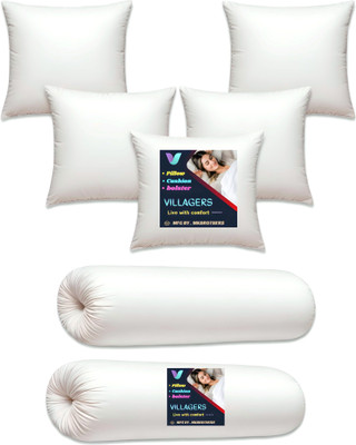 Jaipurlinen Polyester Fibre Bolster Pack of 7 Abstract 5 Cushion And 2 Bolster(White)