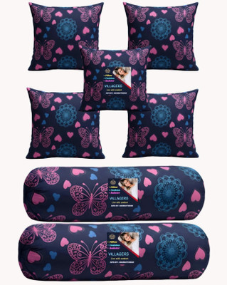 VILLAGERS Microfibre Bolster Pack of 7 Geometric Cushion & 2 Bolster Set - Butterfly Print(Dark Blue)