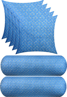 Swikon star 5 Cushion And 2 Microfibre Floral Bolster Pack of 7(Light Blue)