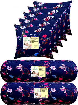 ACTOS Combo Set Of 5 Cushion And 2 Microfibre Floral Bolster Pack of 7(Blue, Multicolor32)