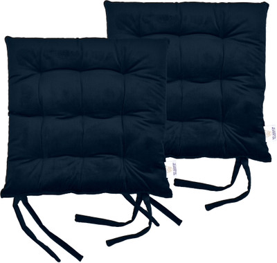MY ARMOR Square Chair Pads Cushion for Comfortable Sitting with Ties for Pooja, Dining Microfibre Solid Chair Pad Pack of 2(Navy Blue)