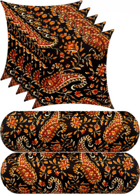 Swikon star Combo Set Of 5 Cushion And 2 Microfibre Floral Bolster Pack of 7(Black, Multicolor)
