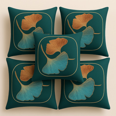 Flipkart SmartBuy Microfibre Cushion Pack of 5 Floral Royal Leaf Collection(Green)