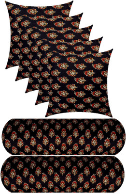 Swikon star 5 Cushion And 2 Microfibre Floral Bolster Pack of 7(Black)