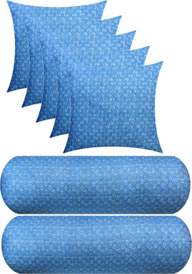 Swikon star 5 Cushion And 2 Microfibre Floral Bolster Pack of 7(Light Blue)