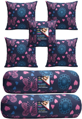 VILLAGERS Microfibre Bolster Pack of 7 Geometric Cushion & 2 Bolster Set - Butterfly Print(Dark Blue)