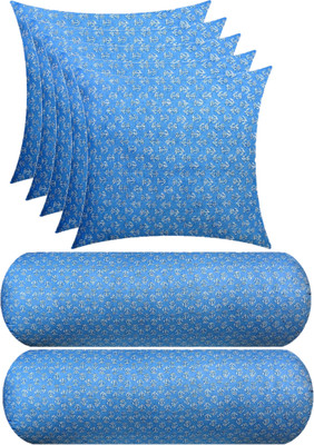 GKM Microfibre Bolster Pack of 7 Floral 5 Cushion And 2(Light Blue)