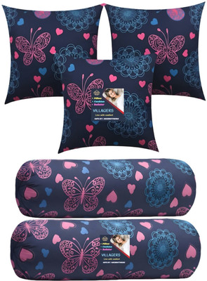 VILLAGERS Microfibre Bolster Pack of 5 Geometric 5 Cushion & 2 Bolster Set - Butterfly Print(Dark Blue)