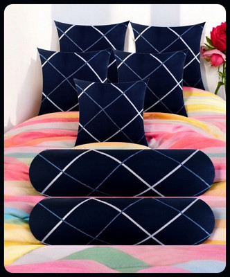 JAYOG ENTERPRISE 5 Cushion 2 Bolster Microfibre Stripes Bolster Pack of 7(Navy Blue)