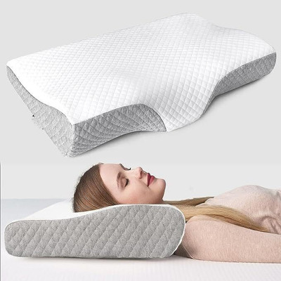 Catron Contour Memory Foam Pillow Ergonomic Cervical Sleeping Pillows with Breathable Polyester Fibre Geometric Orthopaedic Pillow Pack of 1(White-Grey)