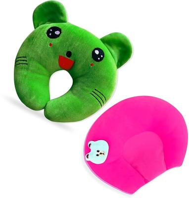 Little Love Cotton, Mustard Seeds Animals Baby Pillow Pack of 2(Green - Pink)