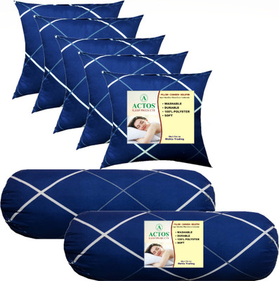 ACTOS 5 Cushion And 2 Bolster Microfibre Geometric Bolster Pack of 7(Blue, White)