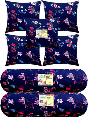 ACTOS Combo Set Of 5 Cushion And 2 Microfibre Floral Bolster Pack of 7(Blue, Multicolor10)