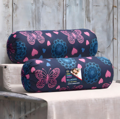 VILLAGERS Microfibre Bolster Pack of 2 Geometric Butterfly & Heart Print Design(Dark Blue)
