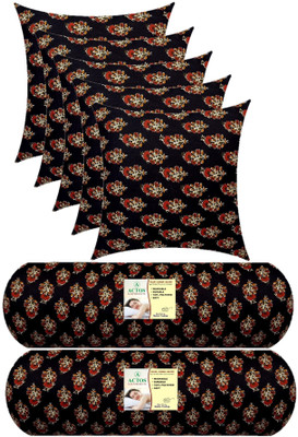ACTOS 5 Cushion And 2 Microfibre Floral Bolster Pack of 7(Black)