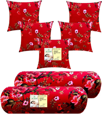 ACTOS Combo Set Of 5 Cushion And 2 Microfibre Floral Sleeping Pillow Pack of 7(Maroon, Multi23)