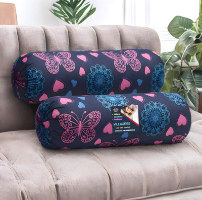 VILLAGERS Microfibre Bolster Pack of 2 Geometric Butterfly & Heart Print Design(Dark Blue)