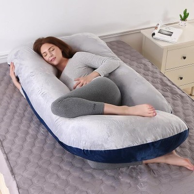 Foodie Puppies J Shape Maternity Sleeping Long Pillow for Pregnant Lady Full Body Support Polyester Fibre Nature Pregnancy Pillow Pack of 1(GREY BLUE, Support Back,Hips,Legs,Neck,Shoulder,Belly|Velvet zipper Cover Washable)