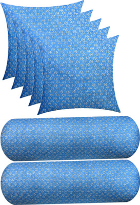 Changers Microfibre Cushion Pack of 7 Floral Combo Set of 2 Bolster And 5(Light Blue, White)