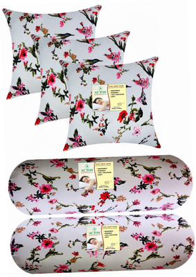 ACTOS Combo Set Of 3 Cushion And 2 Microfibre Floral Bolster Pack of 5(White21)