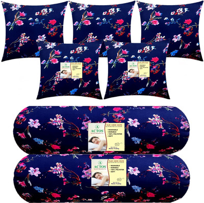 ACTOS Combo Set Of 5 Cushion And 2 Microfibre Floral Bolster Pack of 7(Blue, Multicolor11)