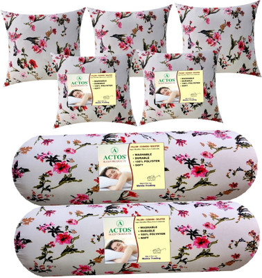 ACTOS Combo Set Of 5 Cushion And 2 Microfibre Floral Bolster Pack of 7(White21)