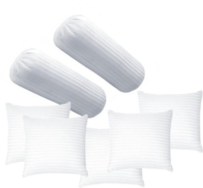 RACCOON Jaipuri Combo Set Of 5 Premium Cushions & 2 Polyester Fibre Stripes Bolster Pack of 7(White)