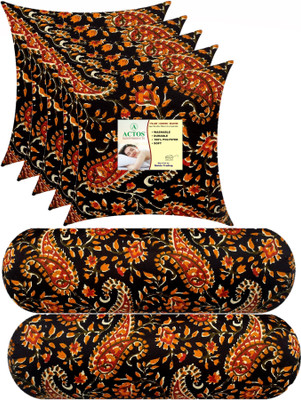 ACTOS Combo Set Of 5 Cushion And 2 Microfibre Floral Bolster Pack of 7(Black, Multicolor3)