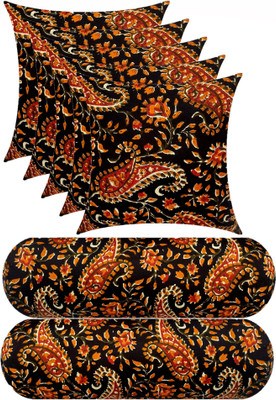 Swikon star Combo Set Of 5 Cushion And 2 Microfibre Floral Bolster Pack of 7(Black, Multicolor15)