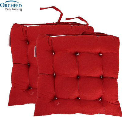 ORCHEED Square Chair Pads Cushion for Comfortable Sitting with Ties for Pooja, Dining Microfibre Solid Chair Pad Pack of 2(Red)