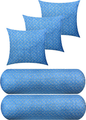 Swikon star 3 Cushion And 2 Microfibre Floral Bolster Pack of 5(Light Blue)