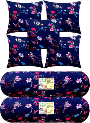 ACTOS Microfibre Bolster Pack of 7 Floral Combo Set Of 5 Cushion And 2(Blue, Multicolor17)