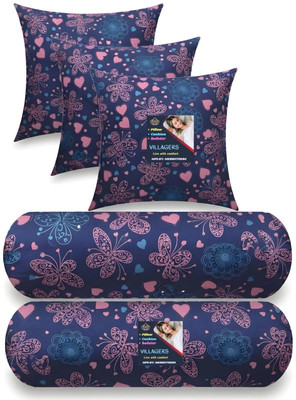 VILLAGERS Microfibre Bolster Pack of 5 Geometric 3 Cushion & 2 Bolster Set - Butterfly Print(Dark Blue)