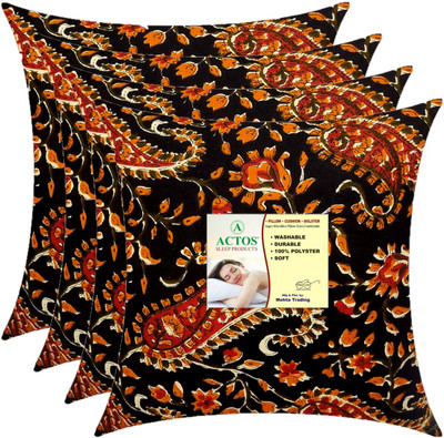 ACTOS Microfibre Floral Cushion Pack of 4(Blue, Multicolor)