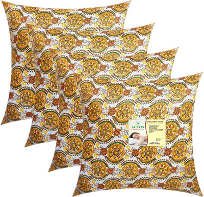 ACTOS Round Microfibre Floral Cushion Pack of 4(Yellow, Multicolor)