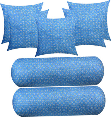 Swikon star Combo Set of 5 Cushion And 2 Microfibre Floral Bolster Pack of 7(Light Blue)