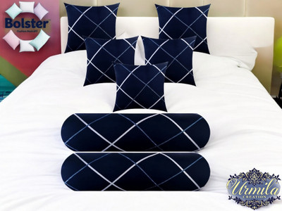 Urmila Creation Microfibre Bolster Pack of 7 Geometric 5 Cushion 2 Bolster(Blue)