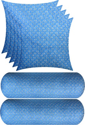 Swikon star 5 Cushion And 2 Microfibre Floral Bolster Pack of 7(Light Blue)