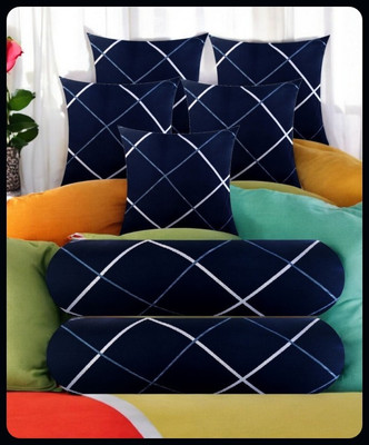 JAYOG ENTERPRISE 5 Cushion 2 Bolster Microfibre Stripes Bolster Pack of 7(Navy Blue)