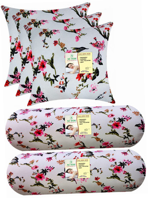 ACTOS Combo Set Of 3 Cushion And 2 Microfibre Floral Bolster Pack of 5(White70)