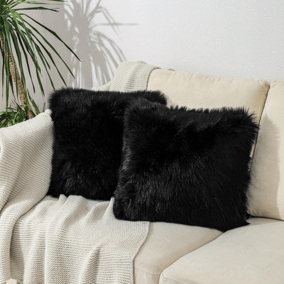 KNEFT Square Shape Fur Pillow Microfibre Solid Cushion Pack of 2(Black)